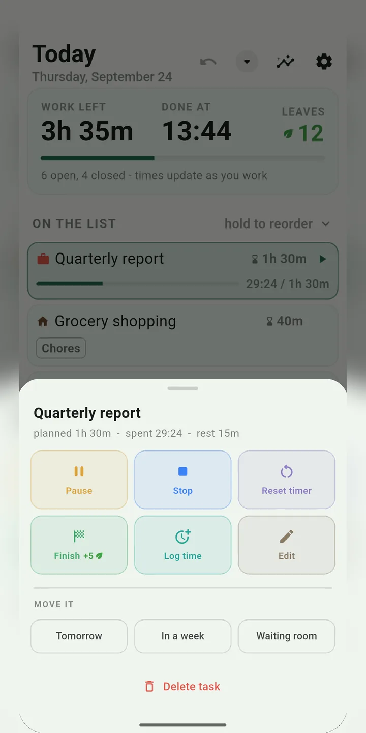Task actions: timer, finish, move