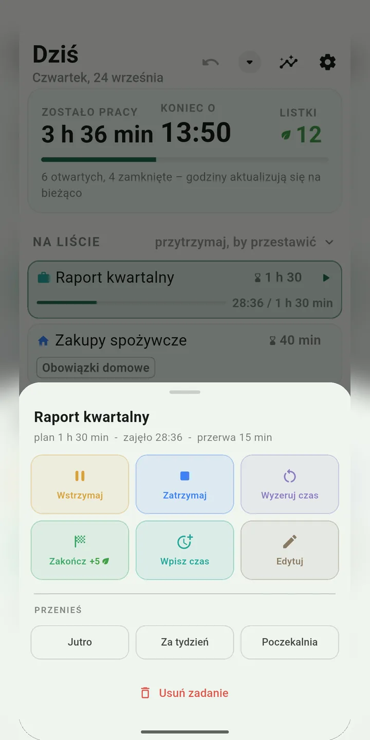 Akcje zadania: stoper, zakończ, przenieś